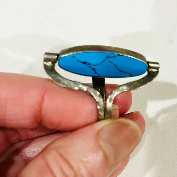 RARE VTG Reversible Artisan Ring, Tibetan Silver,Dual Turquoise Cabochons, Sz 9 - Picture 8 of 11